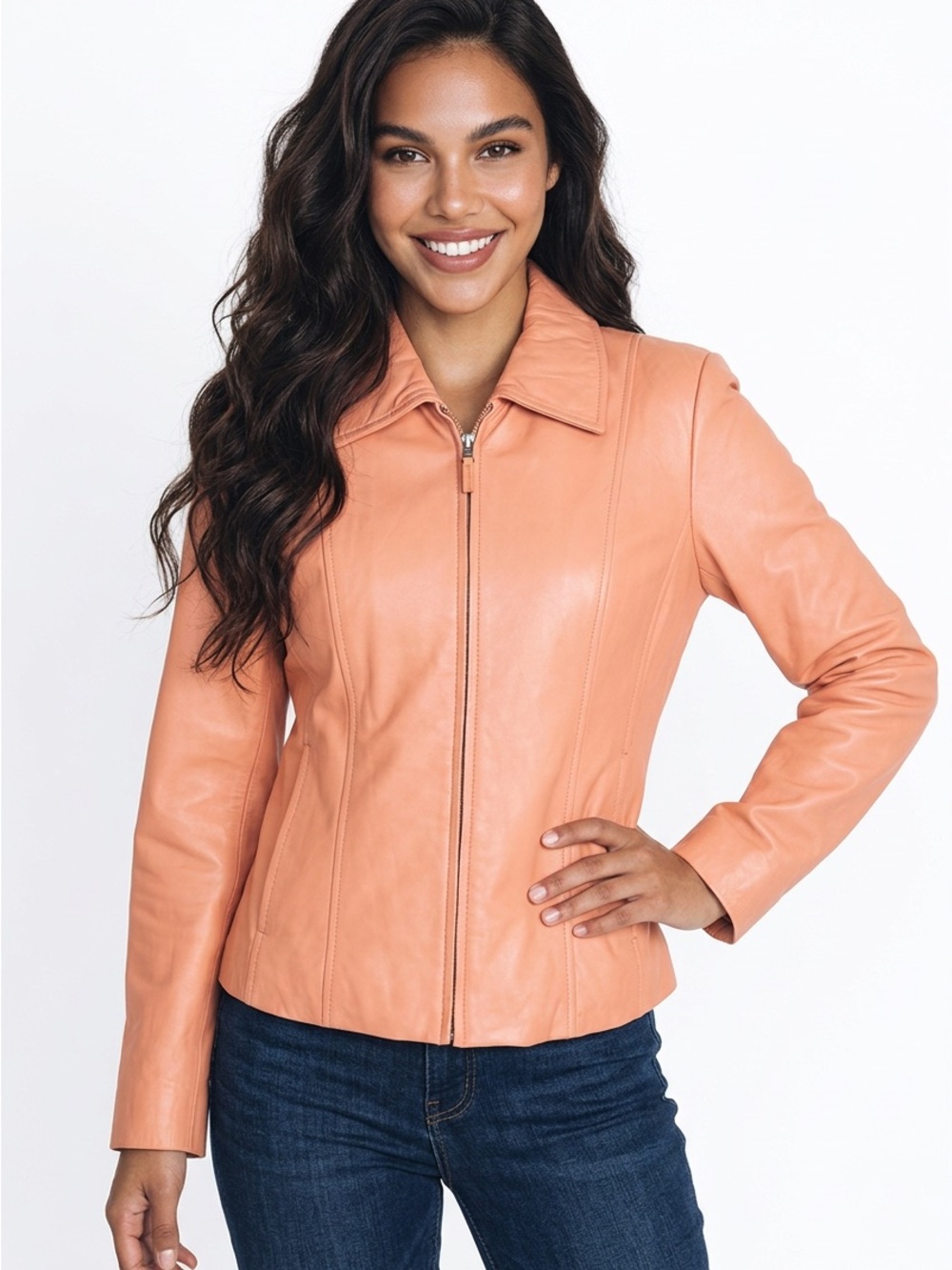 VINTAGE |•PAMELA MCCOY•| Peach Coral Leather Jacket Size Large